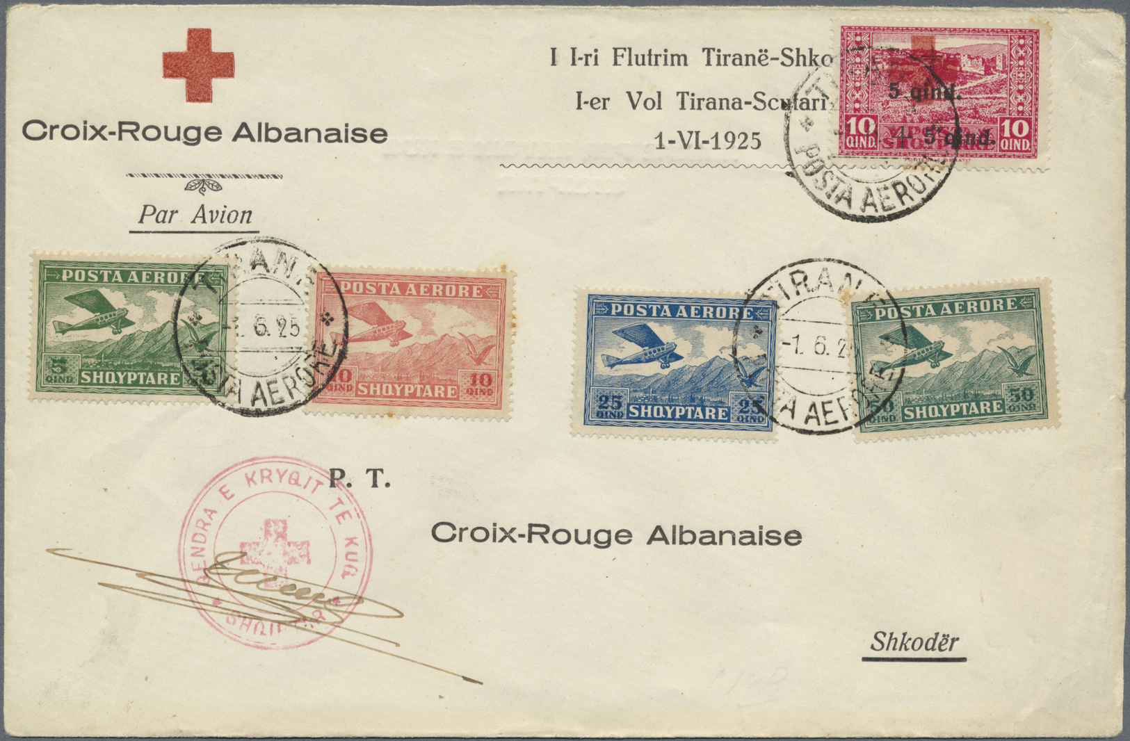 Br Albanien: 1926, "CROIX-ROUGE ALBANAISE 1-er Vol Tirana-Korce 1-VI-1925", Two Pre-printed Covers Bearing Airmai - Albania