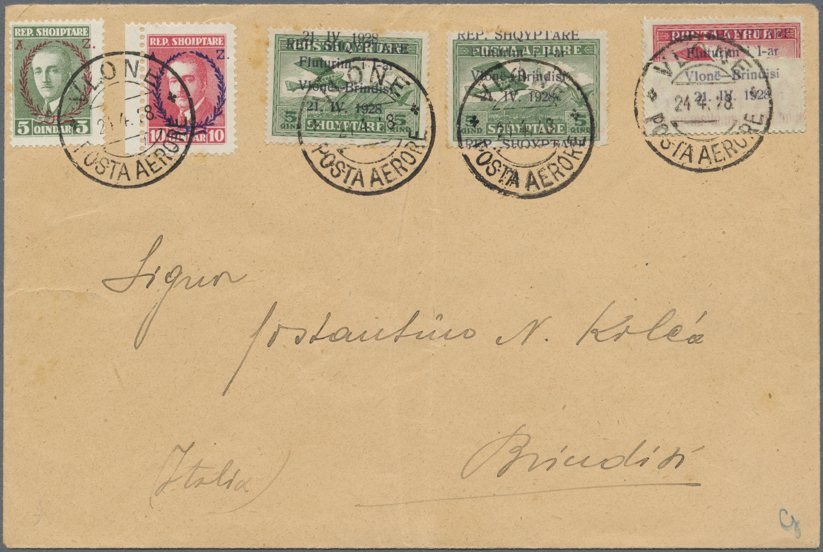 Albanien: 1928, Airmails, 5q. Green Two Copies With Shifted Overprints (resulting In "divided" Overprint=two I - Albania
