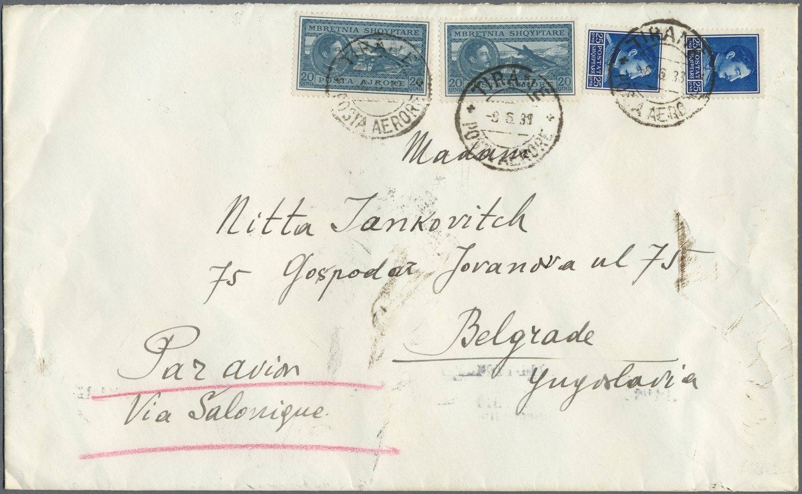Br Albanien: 1933, 20q. Greyish Blue Airmail Stamp (2) And 25q. Blue (2) On Commercial Airmail Cover From "TIRANE - Albania
