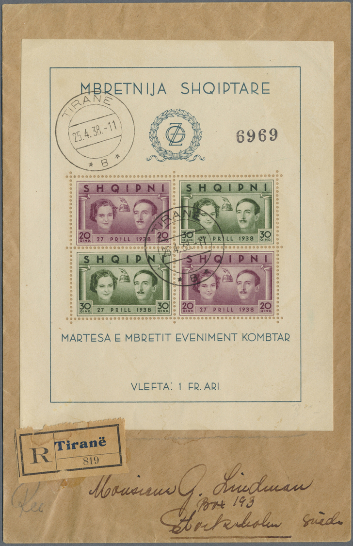 Albanien: 1938, Royal Wedding, Souvenir Sheet On Registered FIRST DAY COVER From "TIRANE 25.4.38" To Stockholm - Albania