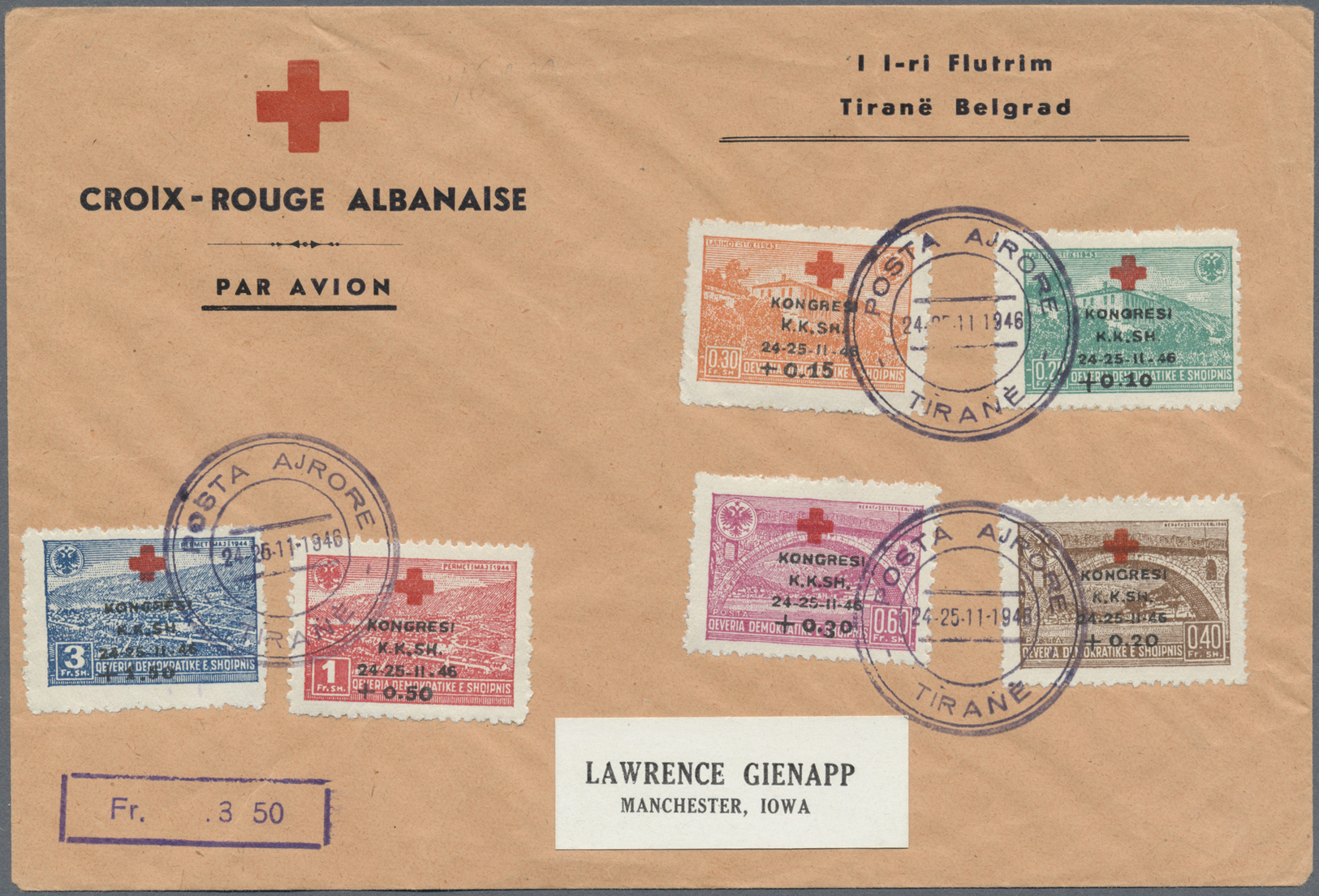 Br Albanien: 1946, Red Cross Congress, Complete Set Of Six Values On Pre-printed Envelope "CROIX-ROUGE ALBANAISE" - Albania