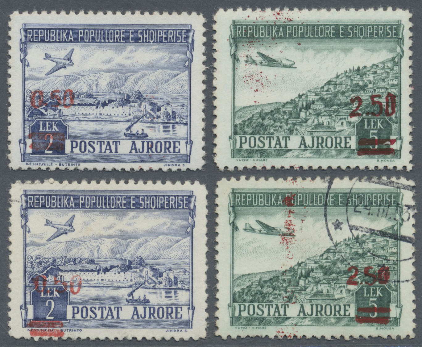 */O Albanien: 1950/1953. Lot Of Airmail Issues With Red (Mi #521/22) And Black (Mi #523/24) Overprints. Each Unuse - Albania