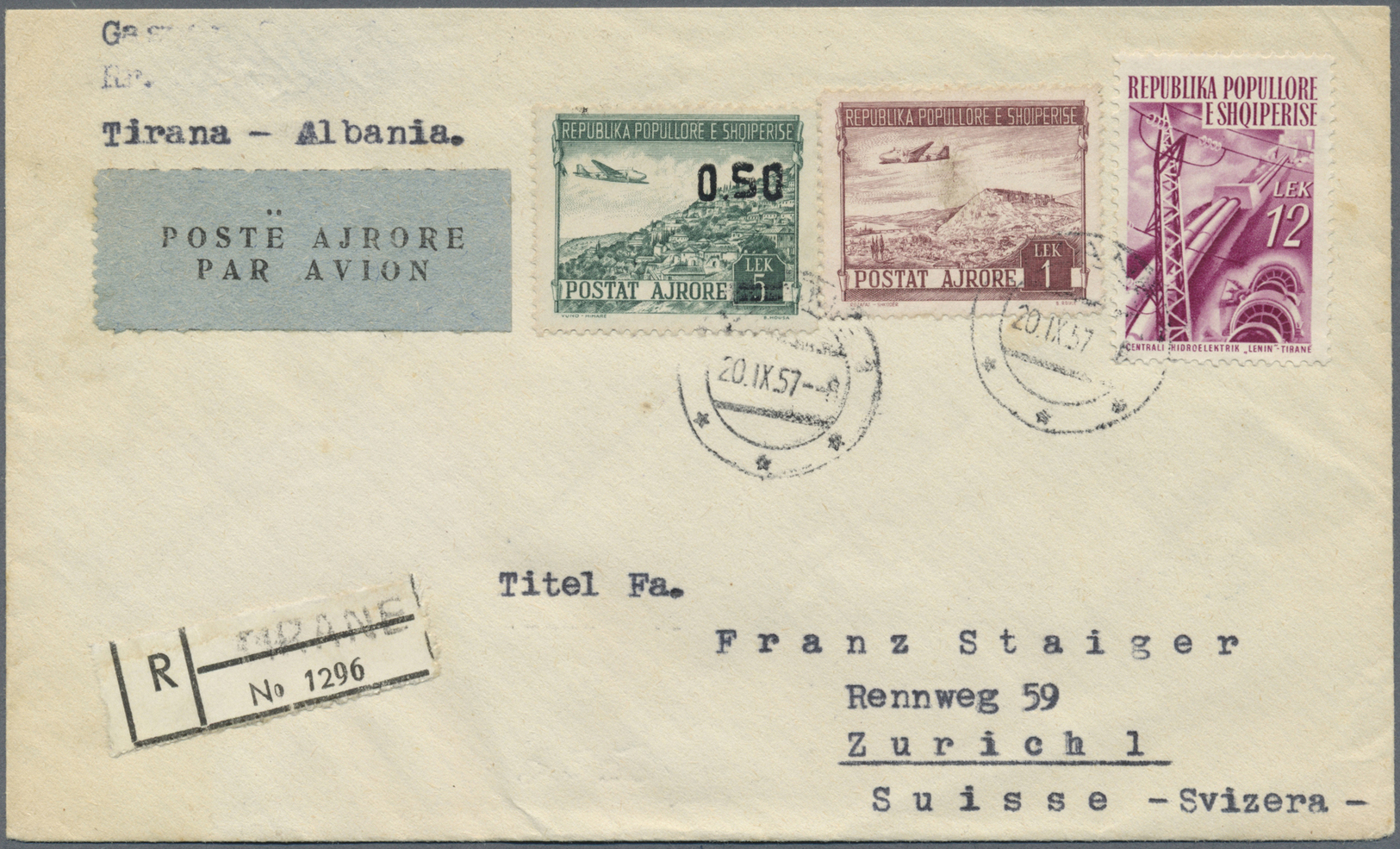 Br Albanien: 1953, Airmail Overprint 0.50 On 5l. Green, Mixed Franking On Registered Airmail Cover From "TIRANE 2 - Albania