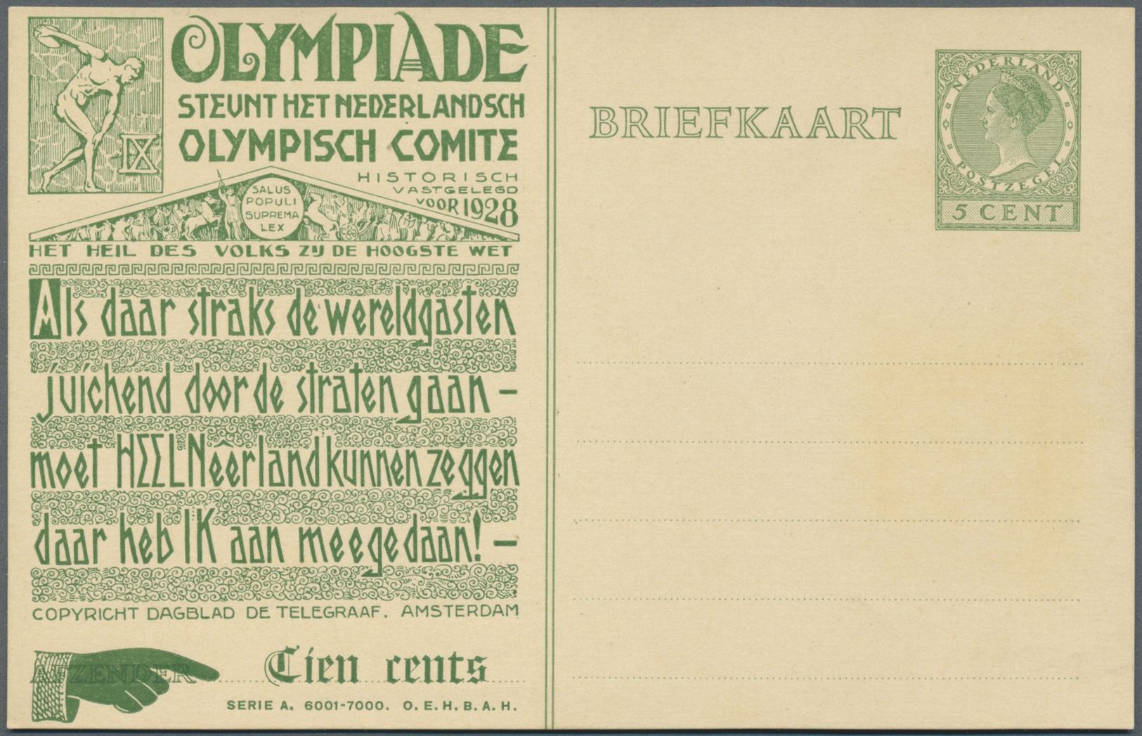 GA Thematik: Olympische Spiele / Olympic Games: 1928, Netherlands, Amsterdam. Private Postcard 5c Wilhelmina With Imprin - Other & Unclassified