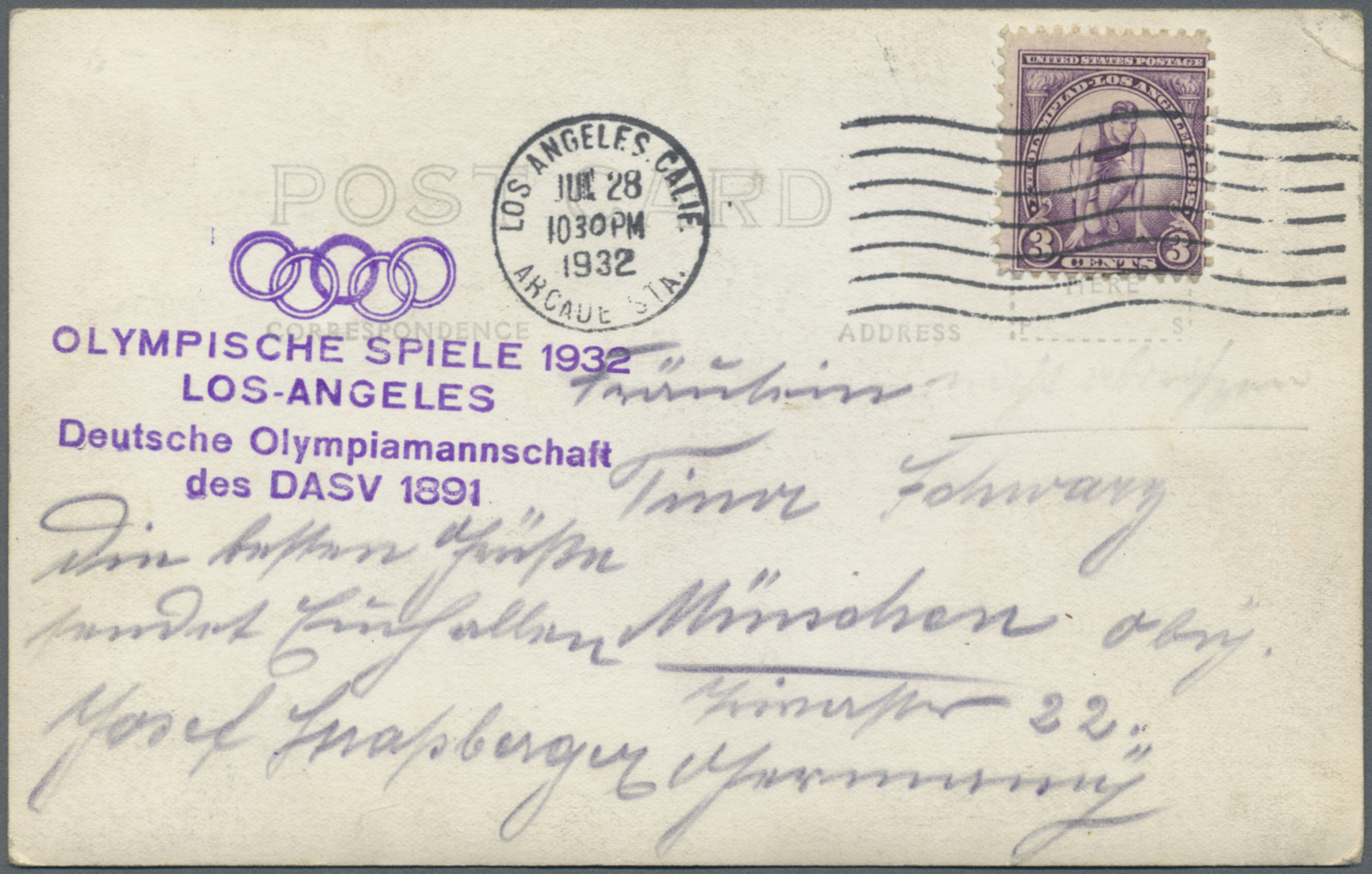 Thematik: Olympische Spiele / Olympic Games: 1932, 3 C Sprinter Auf Ansichtskarte Von Los Angeles Nach München (rechts B - Other & Unclassified