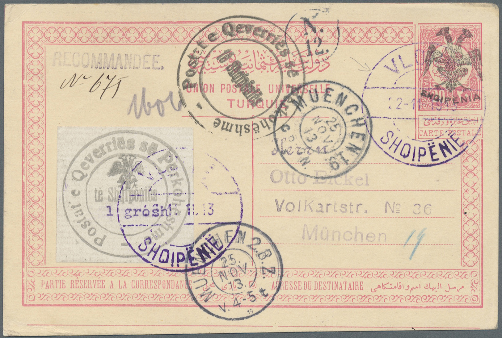 GA Albanien - Ganzsachen: 1913, Postal Stationery Card 20pa Red (black Handstamp) Additionally With 1gr Grey, Tie - Albanie