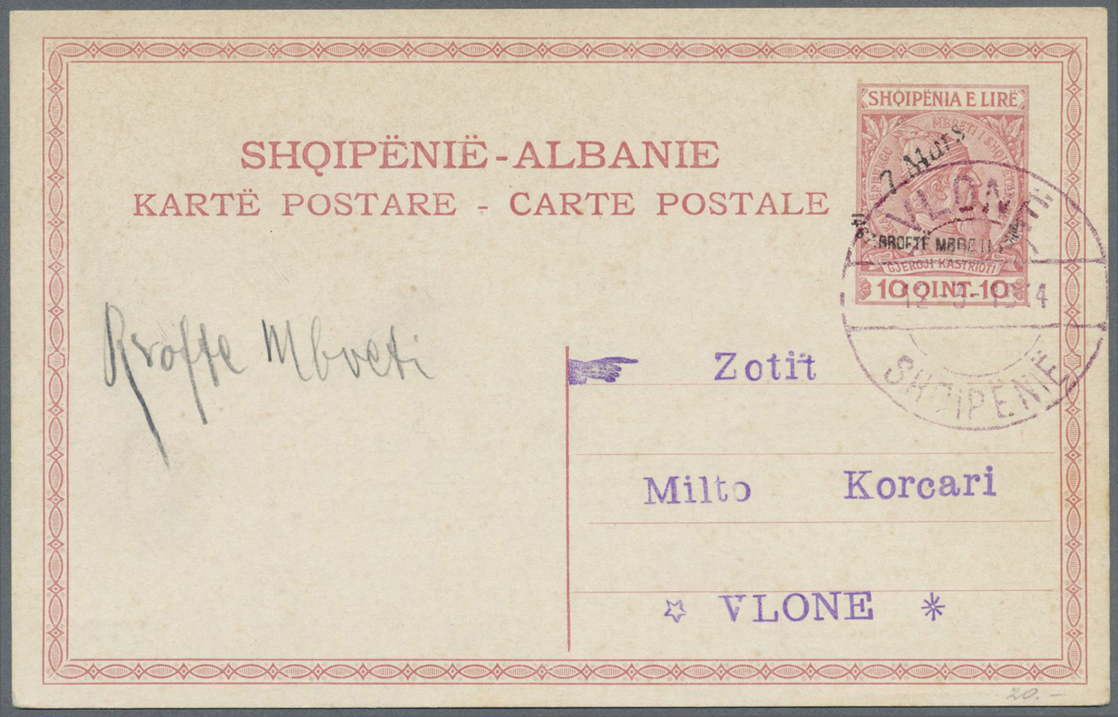 GA Albanien - Ganzsachen: 1914, "7.Mars" Handstamp On 5q. Green And On 10q. Red, Two Used Cards "VLONE 12.3.1914" - Albania