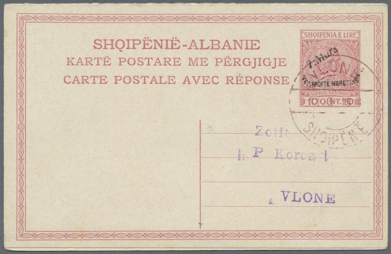 GA Albanien - Ganzsachen: 1914, "7.Mars" Handstamp On Complete Double Cards 5q. + 5q. Green And On 10q. + 10q. Re - Albania