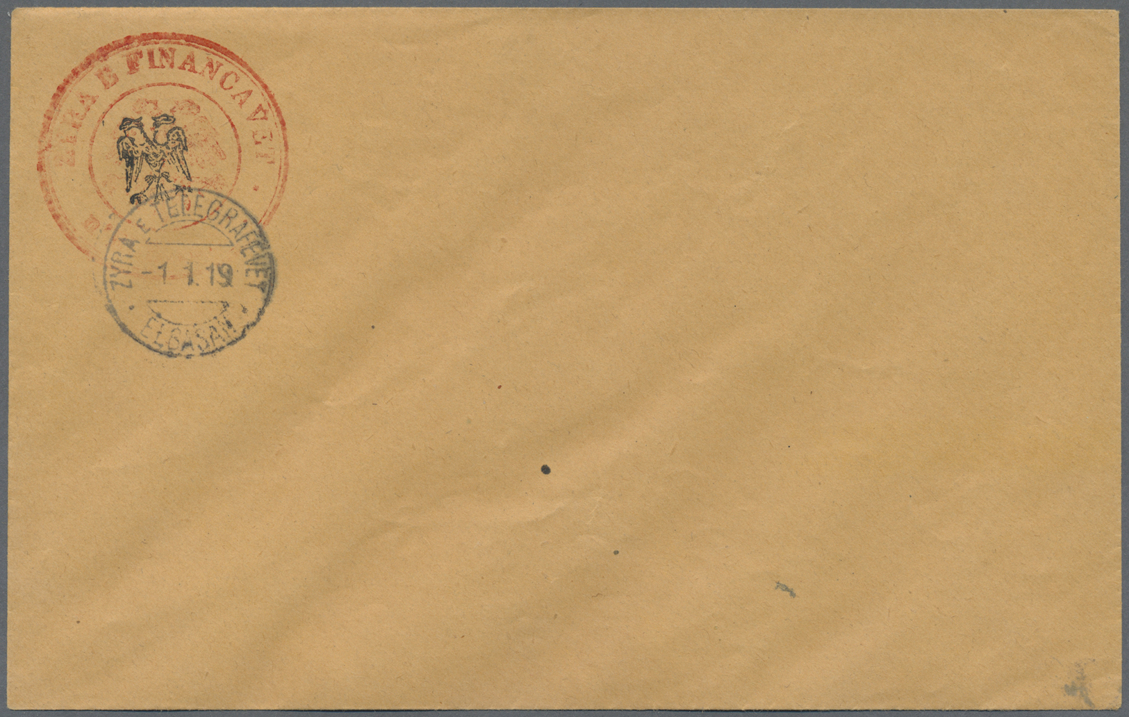 GA Albanien - Ganzsachen: 1919 LOCAL ISSUE ELBASAN: Stationery Envelope 1 Gr. With Red Double Eagle-cds "ZYRA FIN - Albanie