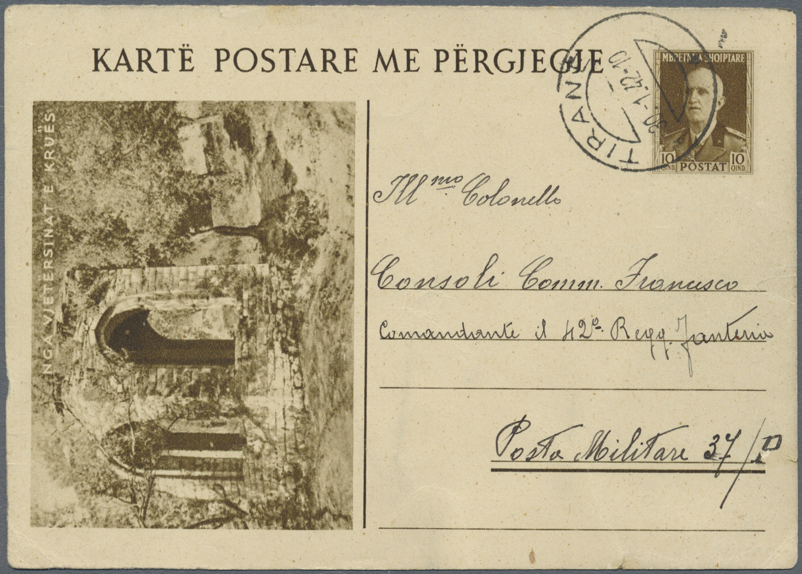 GA Albanien - Ganzsachen: 1942, 10 Q Brown Postal Stationery Picture Replay Card (NGA Vjetersinat) From Tirane To - Albanie