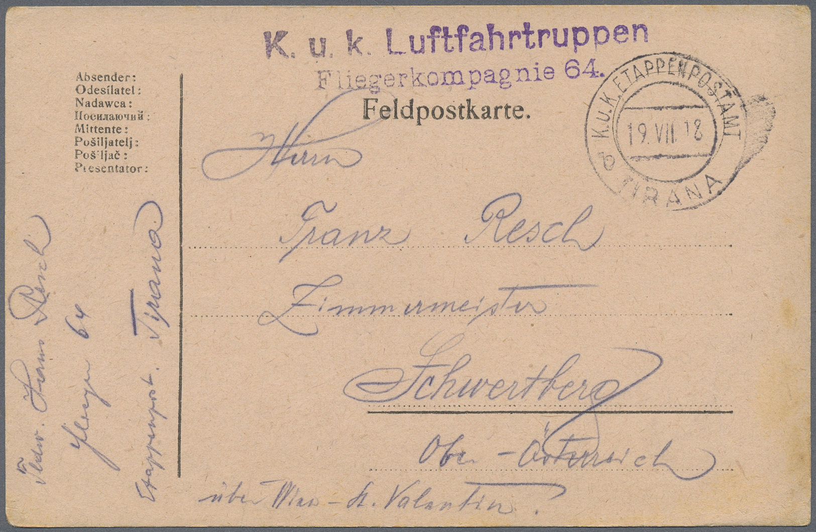 Albanien - Stempel: K.u.K. Luftfahrtruppen Fliegerkompagnie 64" Violetter L2 Sowie "KuK ETAPPENPOSTAMT TIRANA - Albanie