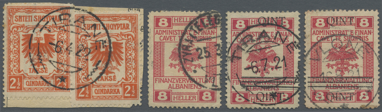 O/Brrst Albanien - Besonderheiten: STEMPELMARKEN: 1921/22 (ca.), Fünf Stempelmarken Der österr. Landesverwaltung Davon - Albania
