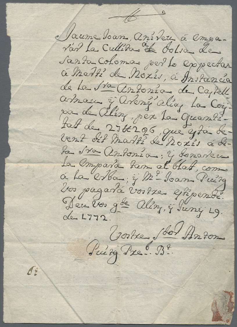 Br Andorra - Vorphilatelie: 1772 (19 Jun).  Alins (Lleida) A Encamp. Carta Dirigida Al Nuncio Guardo De Los Valle - Précurseurs