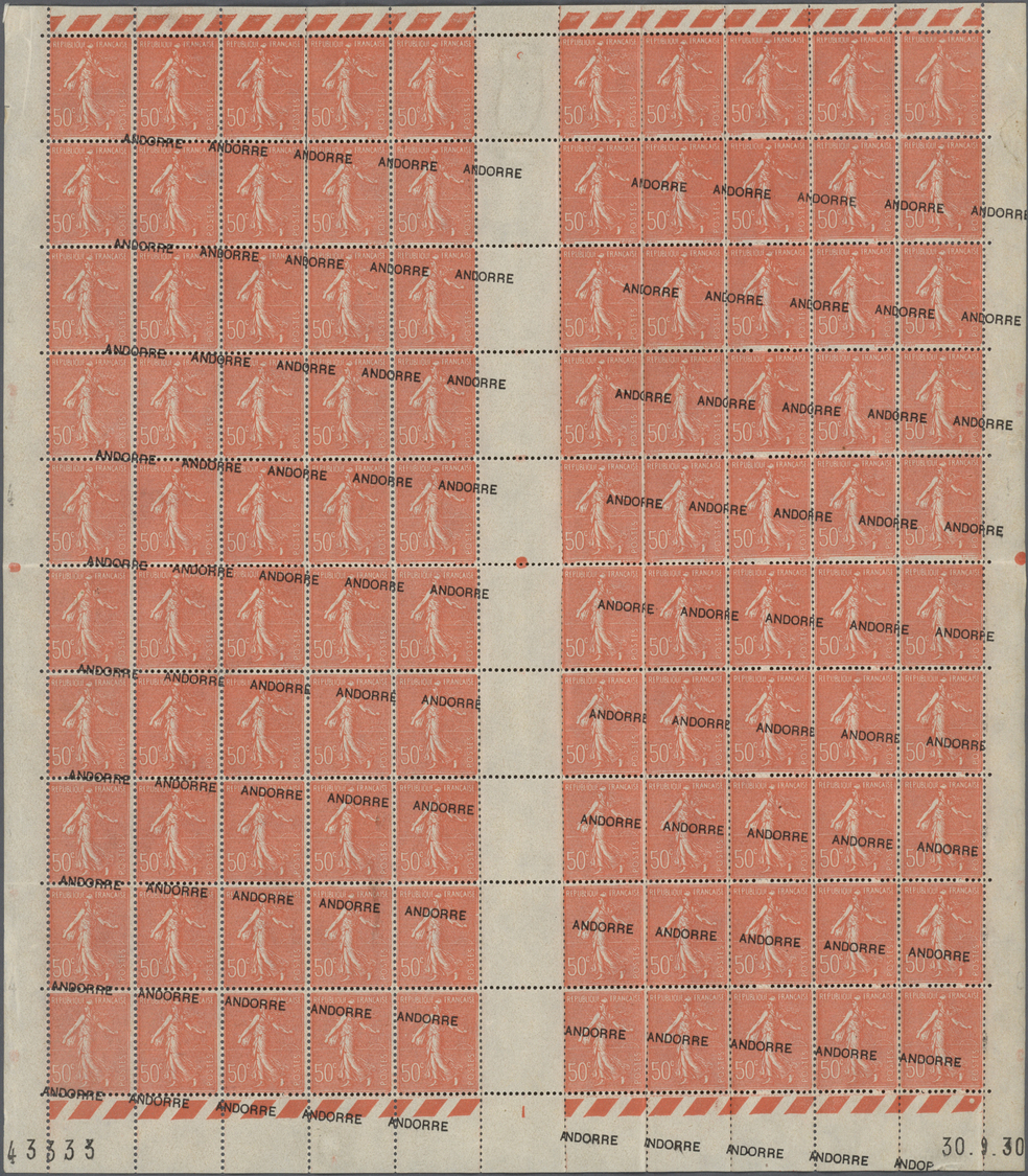 ** Andorra - Französische Post: 1931. Definitive Stamp 50c Red "ANDORRE" In A Complete Sheet Of 100 Showing VARIA - Autres & Non Classés