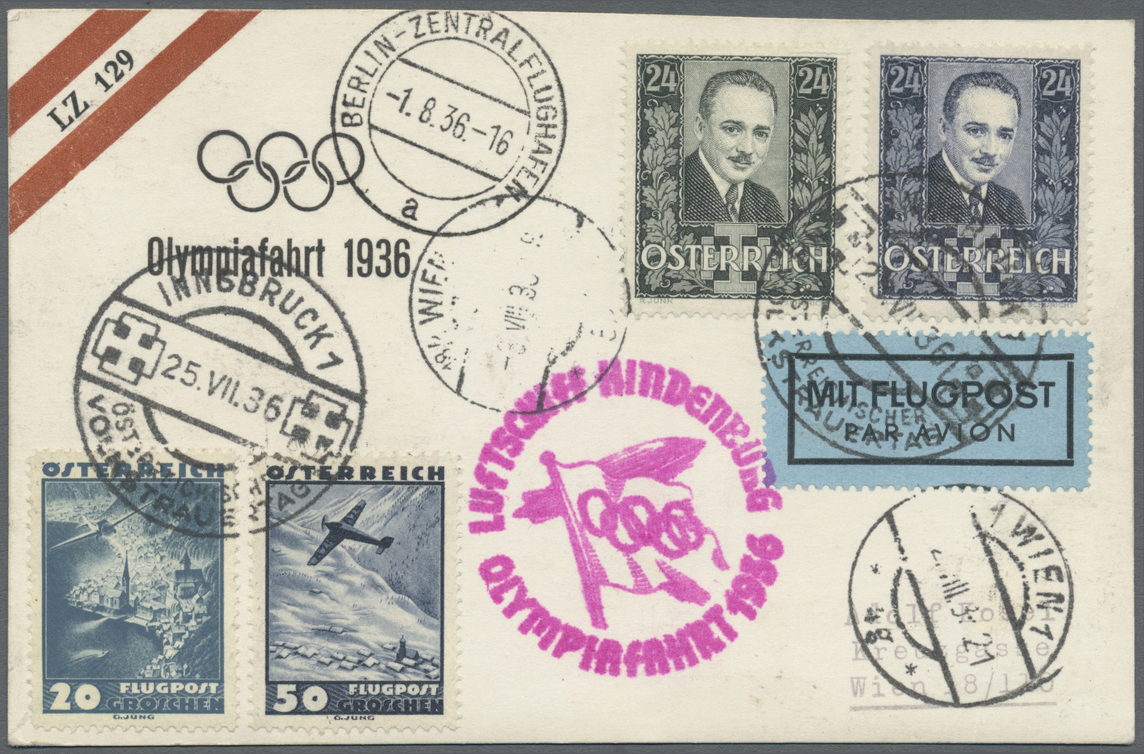 Thematik: Olympische Spiele / Olympic Games: 1936, Olympiafahrt, Zuleitung Österreich 25.7. Auf Ansichtskarte, Ankunft B - Other & Unclassified