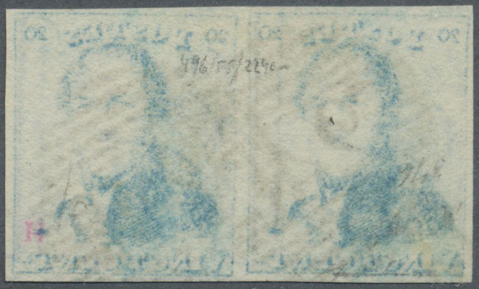 O/ Belgien: 1849, Leopold Mit Epauletten 20 C Blau, Breitrandiges Luxuspaar Mit Glasklarem Nummern-Stempel "24". - Autres & Non Classés