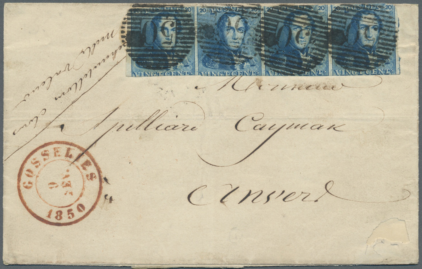 Br Belgien: 1849, 20 C Leopold M. Epauletten Blau, Waagerechter Viererstreifen Auf "Muster Ohne Wert"-Brief Je Mi - Other & Unclassified