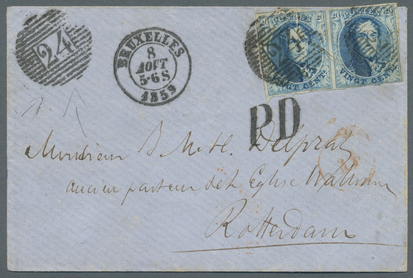 Br Belgien: 1858, 20 C Blau Im Waager. Paar Mit Tollem Abschlag „24” Auf PD-Brief Von Brüssel Nach Rotterdam/Nied - Autres & Non Classés