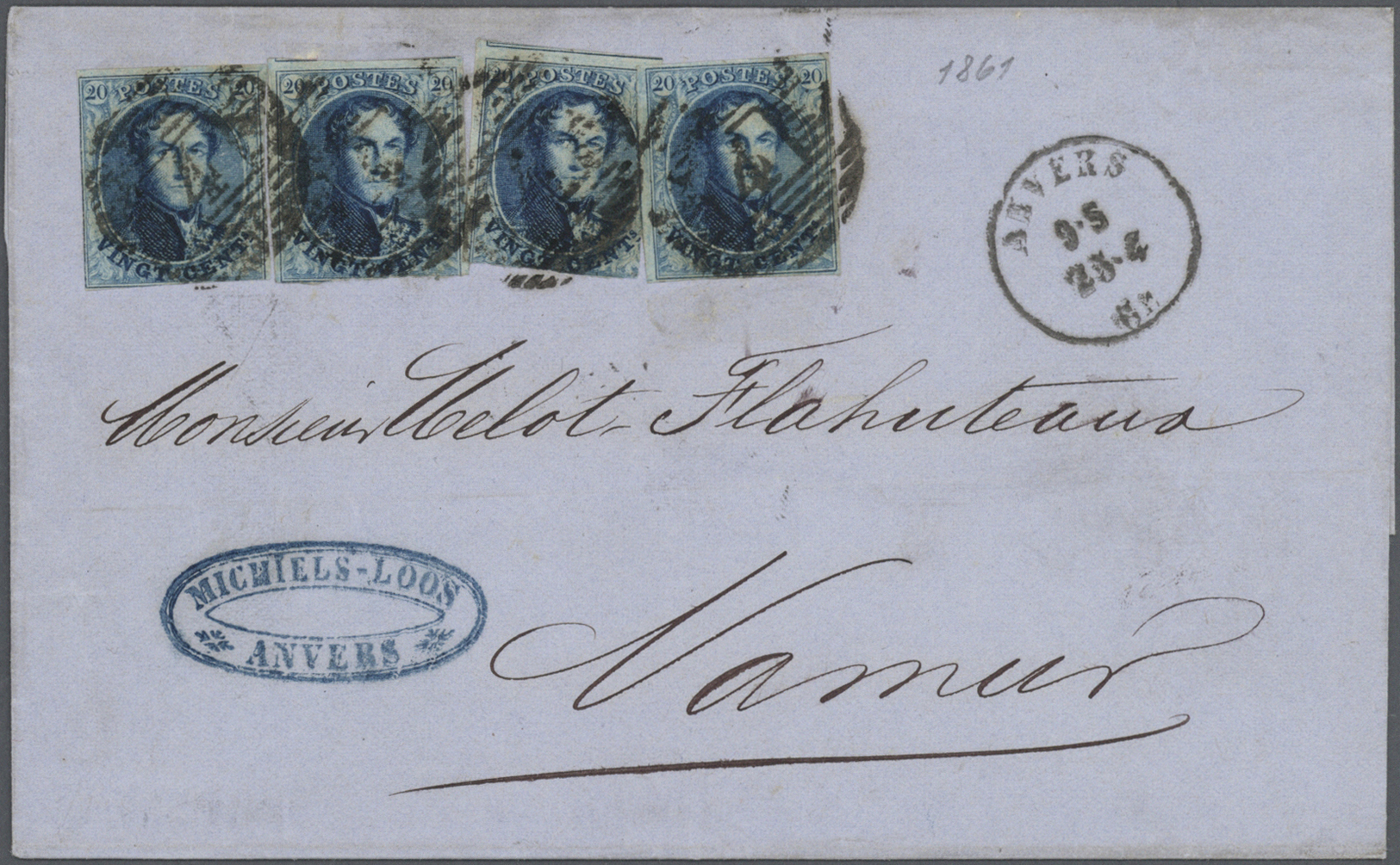 Br Belgien: 1861, Viermal 20 C Blau Mit Nr.-St. "4" Und Neben-K1 "ANVERS 25-4 61" Als Mehrfachfrankatur Auf Faltb - Autres & Non Classés