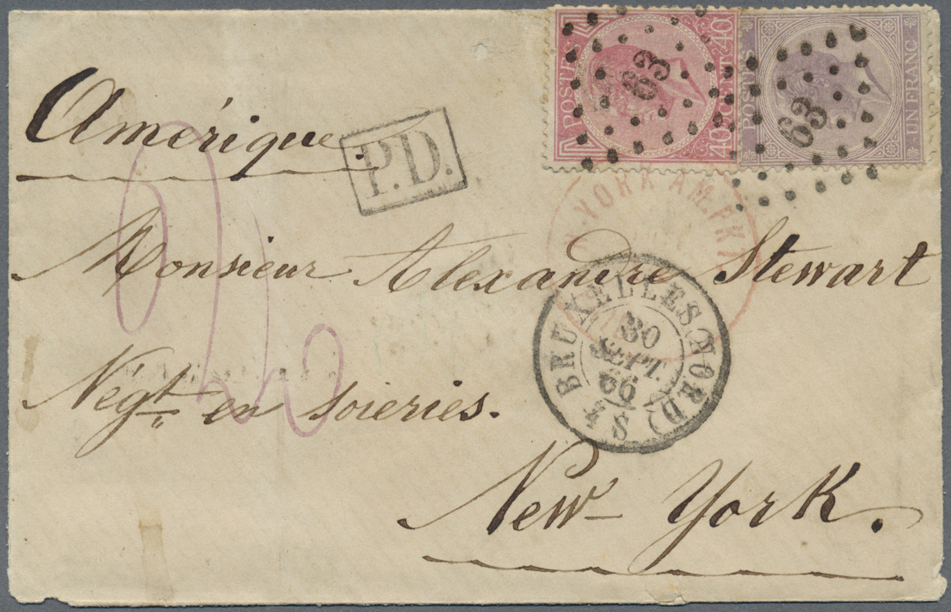 Br Belgien: 1866, Letter Franked With 40 C And 1 Franc Cancelled By Point Cancellation "63" From BRUXELLES (NORD) - Autres & Non Classés