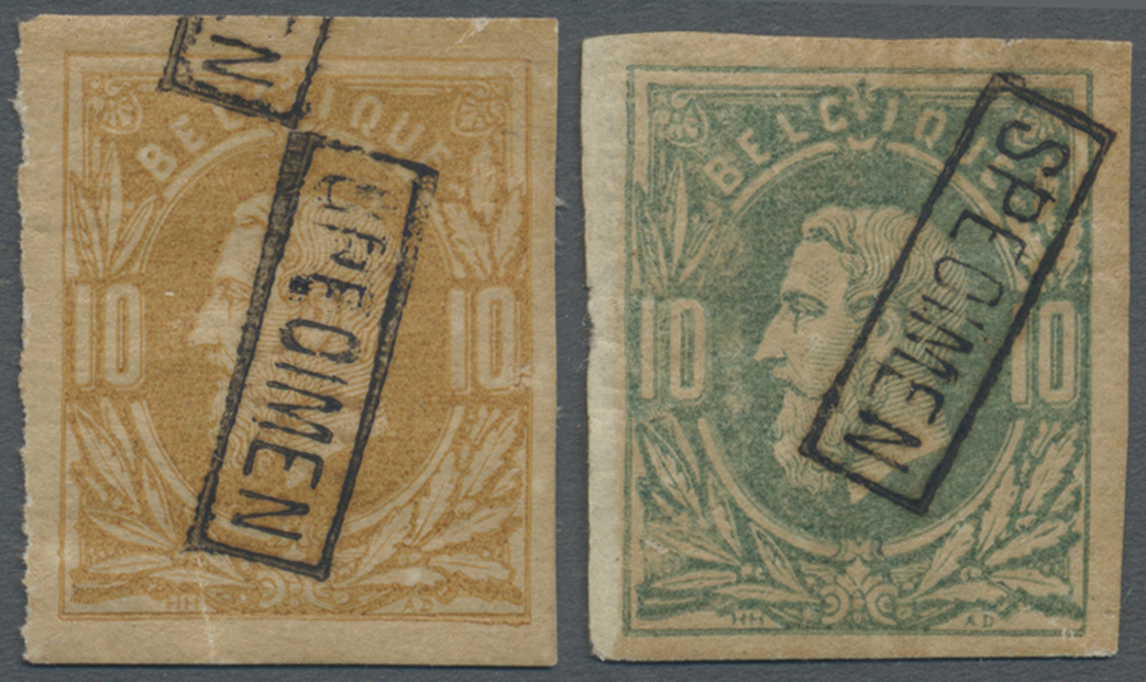 Belgien: 1869, Two Proofs Of The 10 Cent. King Leopold II Issue On Thick Paper In Orange-brown And Green Each - Autres & Non Classés