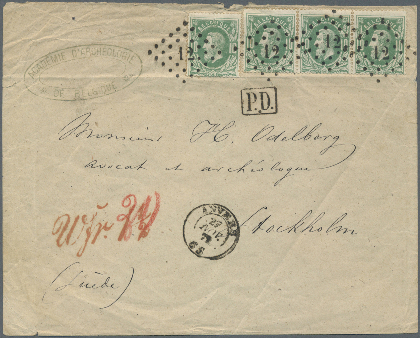 Br Belgien: 1872. Envelope (creases) Addressed To Sweden Bearing Yvert 30, 10c Green (four Times) Tied By '12' In - Autres & Non Classés