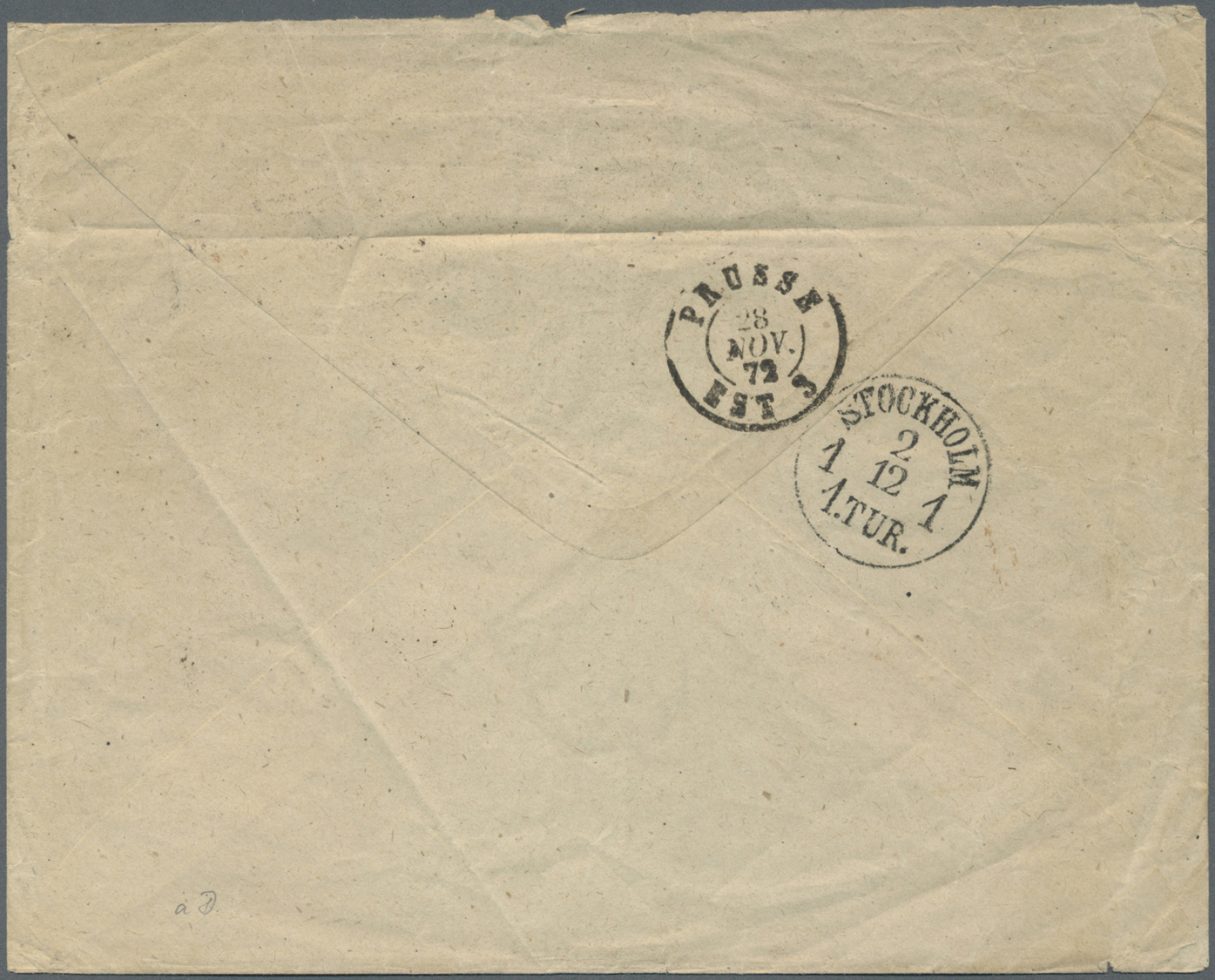 Br Belgien: 1872. Envelope (creases) Addressed To Sweden Bearing Yvert 30, 10c Green (four Times) Tied By '12' In - Other & Unclassified