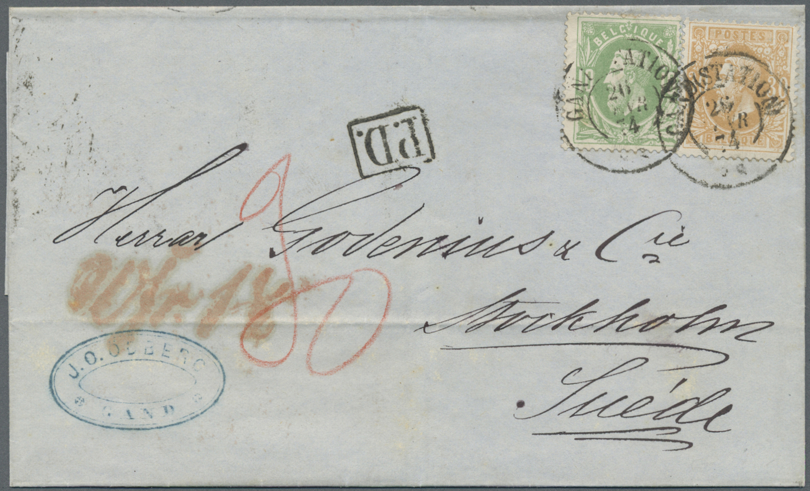 Br Belgien: 1872. Envelope Addressed To Sweden Bearing Yvert 30, 10c Green And Yvert 33, 30c Bistre Tied By Gand - Other & Unclassified