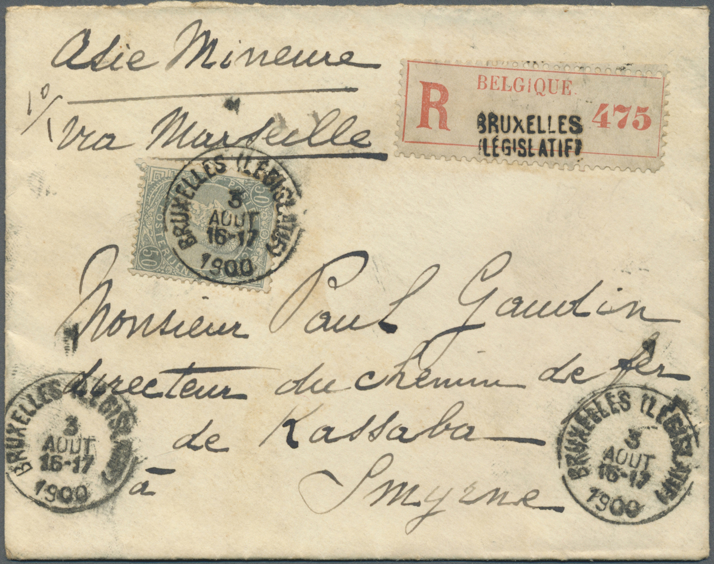 Br Belgien: 1900. Registered Envelope Addressed To The 'Director Of The Railway, Kassaba, Smyrne' Bearing Yvert 6 - Autres & Non Classés