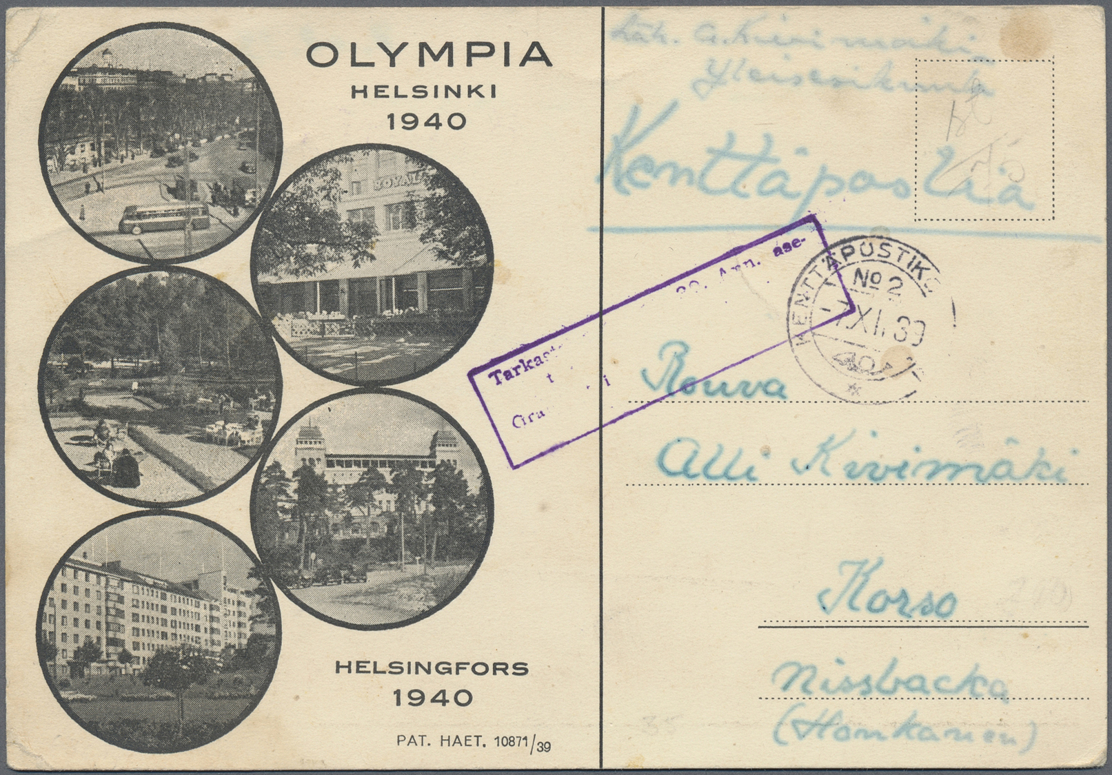 Br Thematik: Olympische Spiele / Olympic Games: 1940 Finnland Vordruckkarte "Olympia Helsinki 1940 Mit Vs. 5 Detailbilde - Other & Unclassified