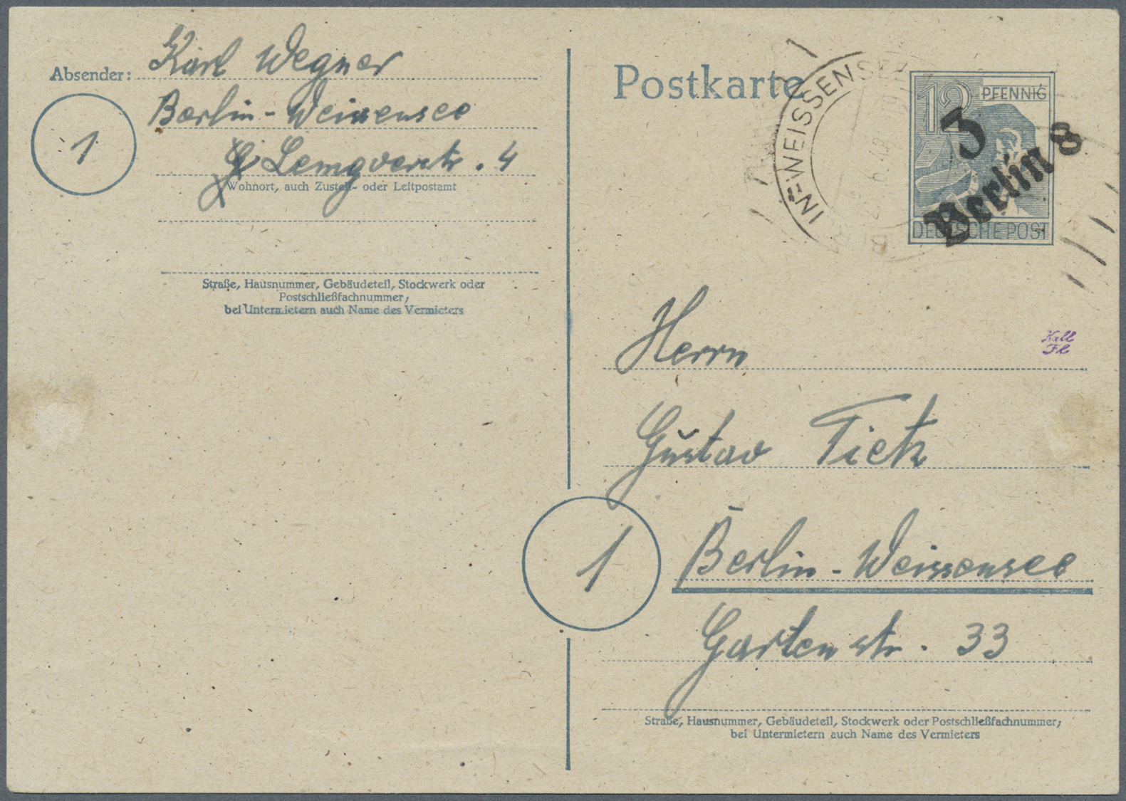 GA Sowjetische Zone - Bezirkshandstempel - I - Bez. 3 (Berlin): 1848, 12 Pf. Arbeiter GA-Karte Mit Bez. - Altri & Non Classificati