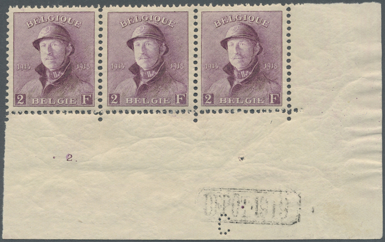 ** Belgien: 1919/1920, King Albert I With Helmet, 2 Fr. Lilac Mnh Strip Of Three From Lower Right Corner Margin W - Autres & Non Classés