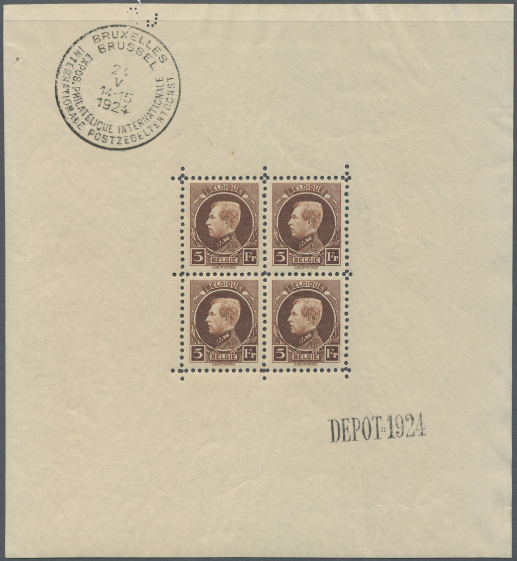 ** Belgien: 1924, Internationale Briefmarkenausstellung Brüssel: Albert I. (Typ Montenez) 5 Fr. Rotbraun Auf Sämi - Autres & Non Classés