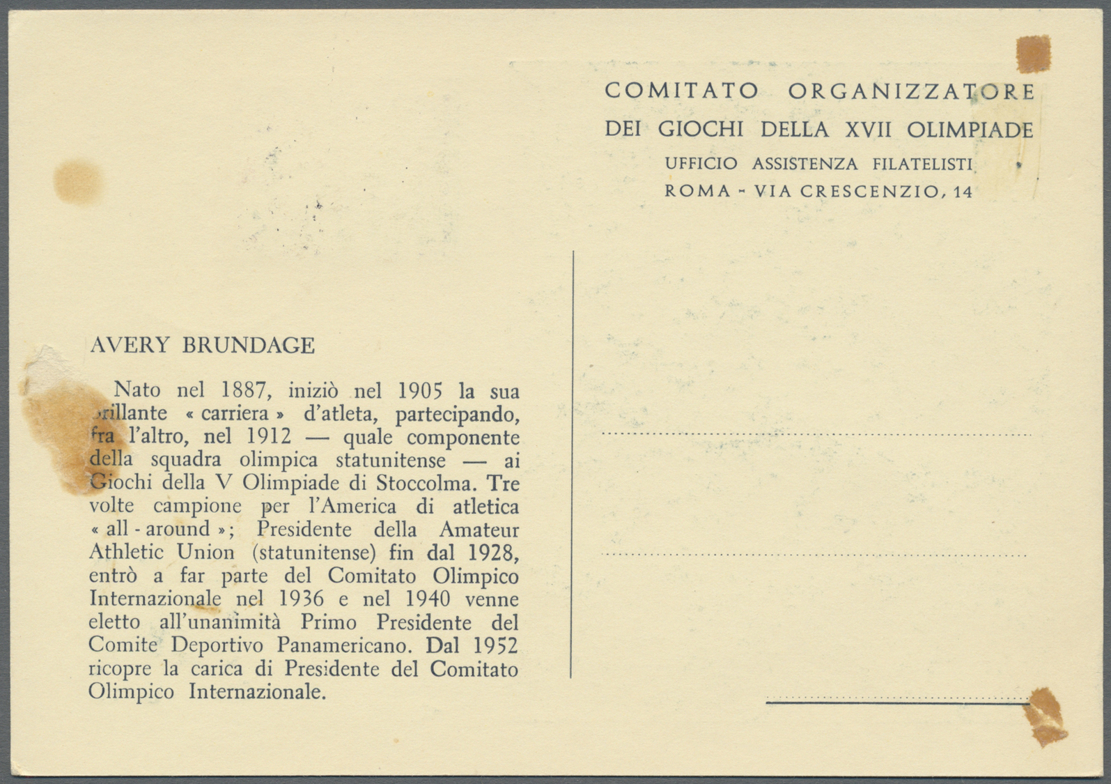 Br Thematik: Olympische Spiele / olympic games: 1959, San Marino. Kpl. Satz "Funktionäre des IOC" (7 Werte) je auf pass.