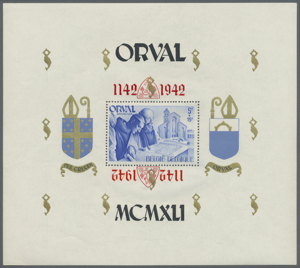 ** Belgien: 1941, Rebuilding Abtei Orval, Souvenir Sheet 5+10 Fr. With Inverted Overprint In Blue And Red. - Autres & Non Classés