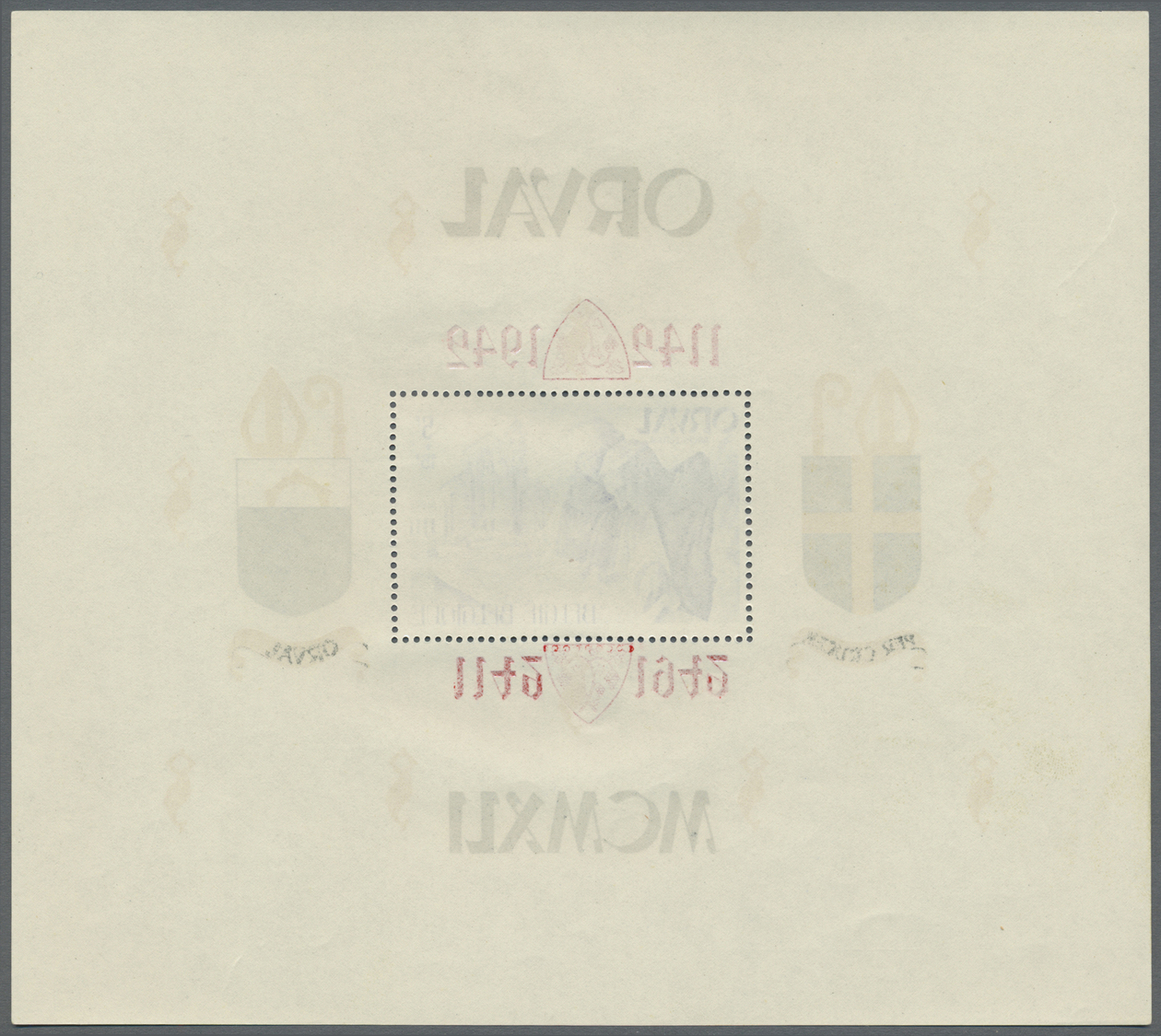 ** Belgien: 1941, Rebuilding Abtei Orval, Souvenir Sheet 5+10 Fr. With Inverted Overprint In Blue And Red. - Other & Unclassified