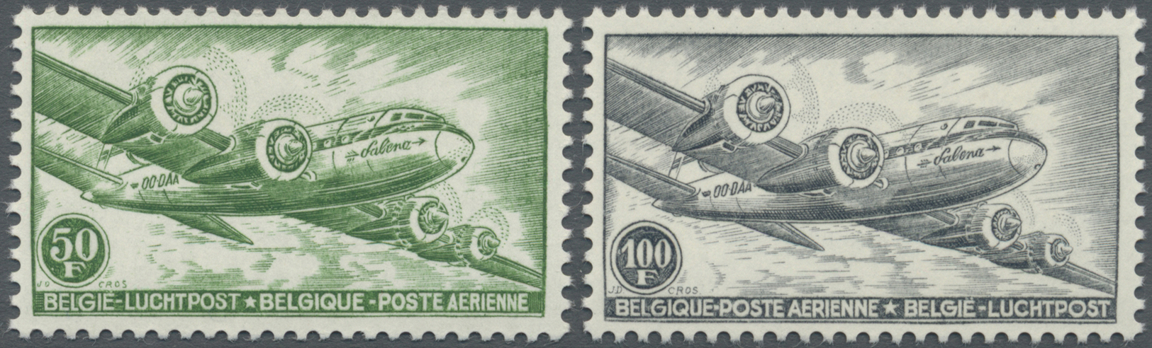 ** Belgien: 1954, Flugpostmarken 50 Fr. Gelbgrün Und 100 Fr. Schwarzgrau In Der Seltenen Zähnung 13¾ : 11½, Postf - Other & Unclassified