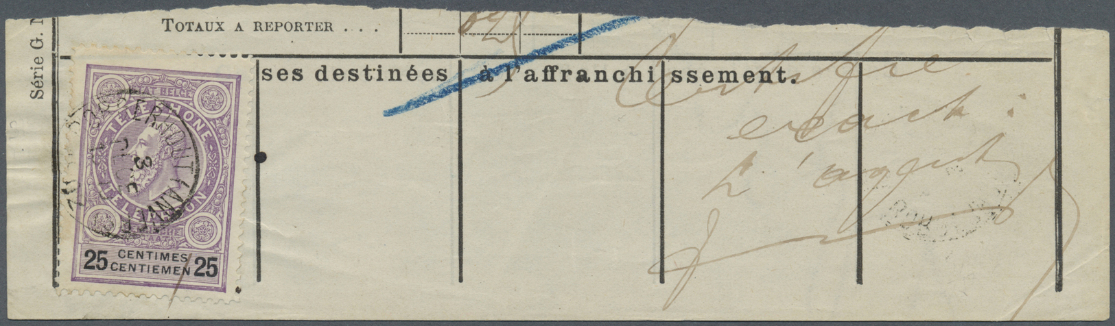 Brrst Belgien - Telefonmarken: 1891, 25 C. Telefonmarke Auf Abschnitt, Tadellos Gestempelt "BORGERHOUT (ANVERS) 3 DE - Timbres Téléphones [TE]