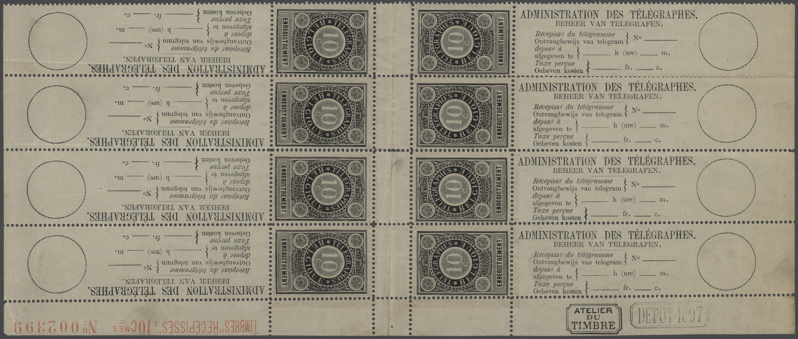 ** Belgien - Telegrafenmarken: 1897, Telegrafenquittungsmarke 10 C Schwarz Im Kopfstejhenden 8er-Bogen Mit Anhäng - Telegraph [TG]