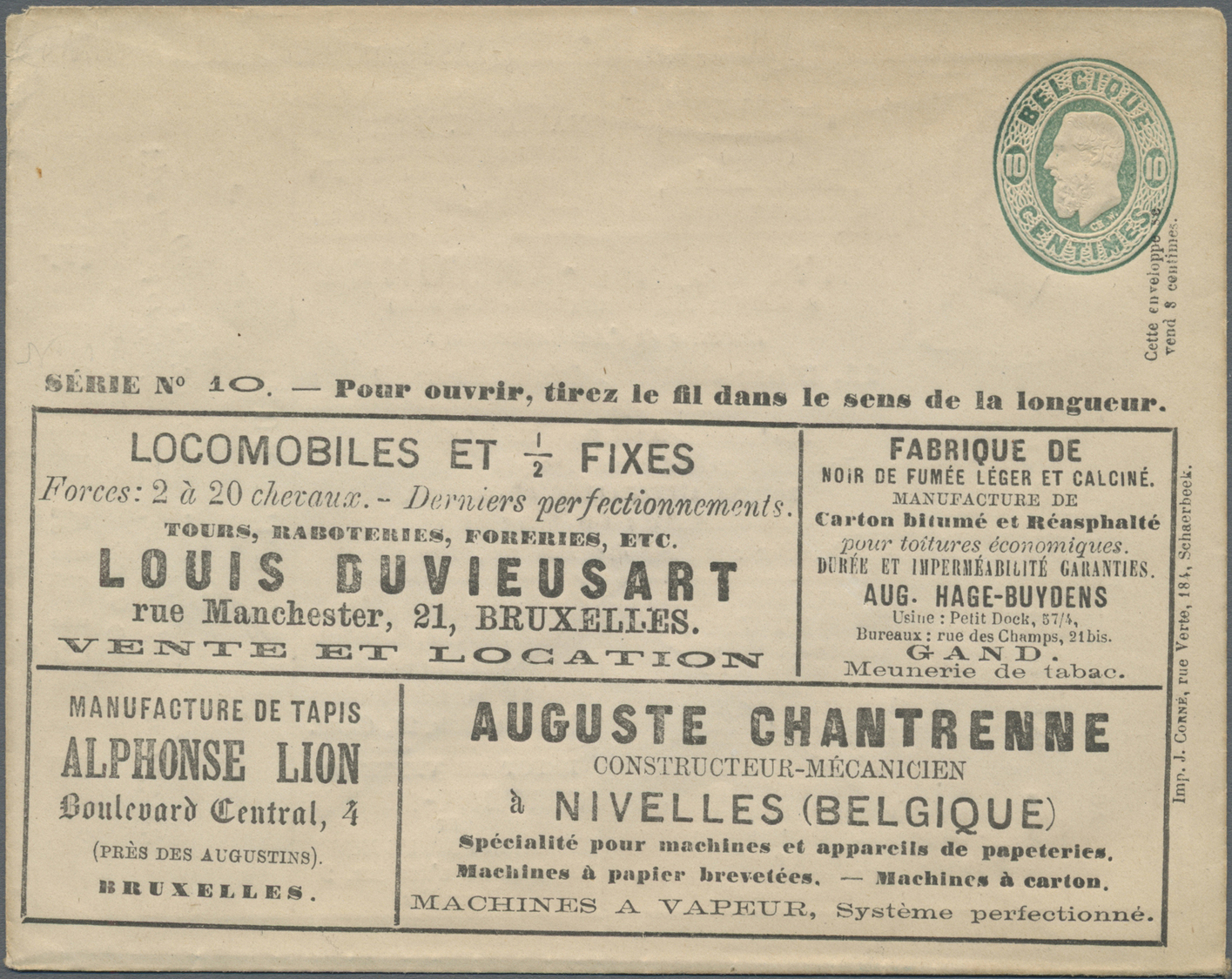 GA Belgien - Ganzsachen: 1877, 10 C Green Advertising Postal Stationery Envelope (Imp. J.Corne, Schaerbeek), Seri - Autres & Non Classés