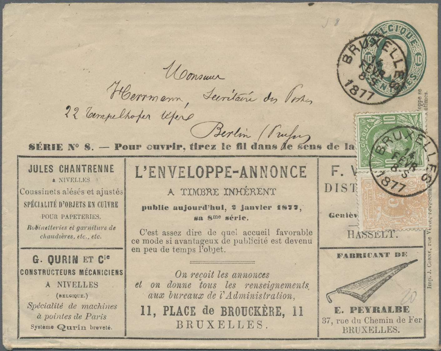 GA Belgien - Ganzsachen: 1877, 10 C Green Advertising Postal Stationery Envelope (Imp. J.Corne, Schaerbeek), Seri - Autres & Non Classés