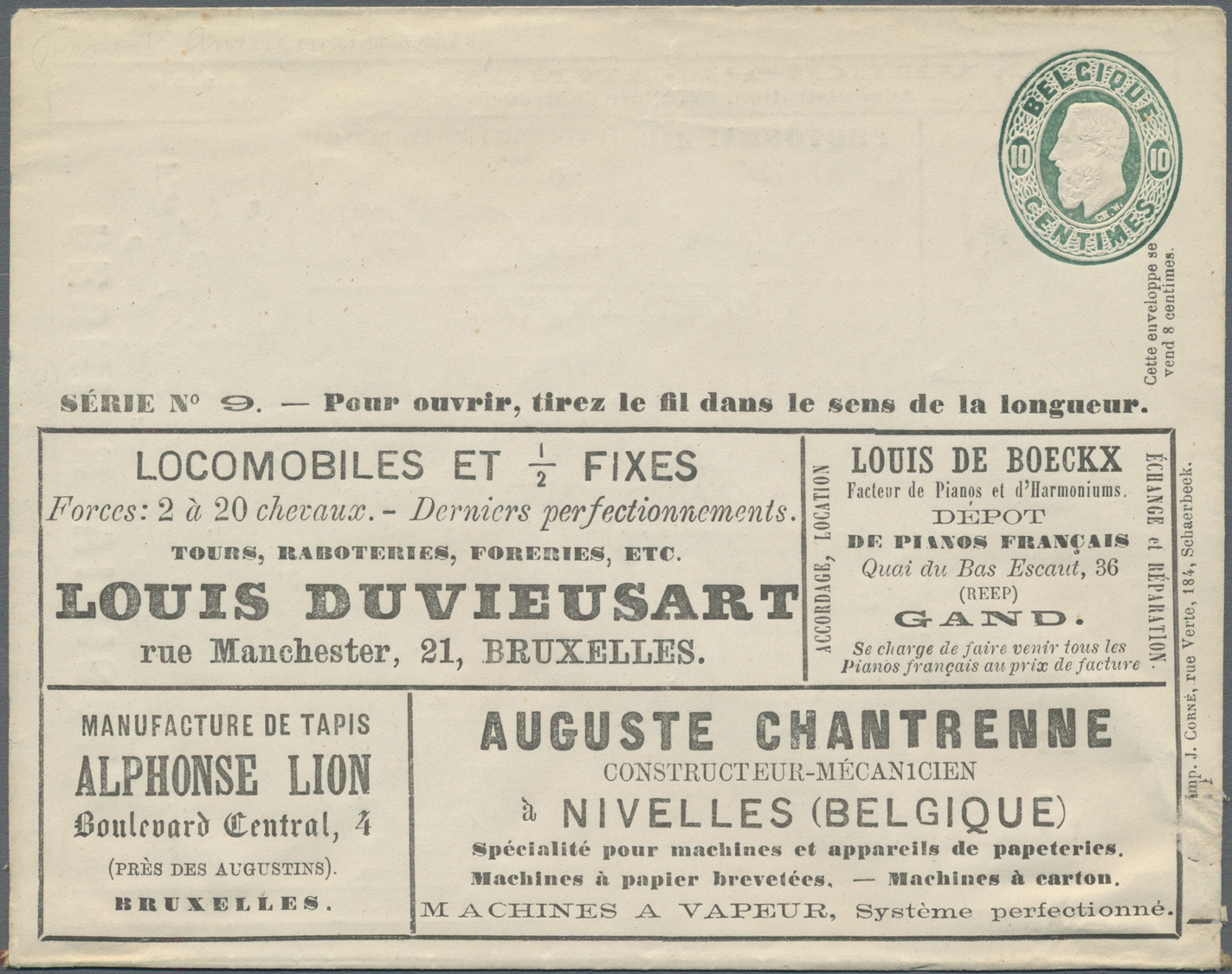 GA Belgien - Ganzsachen: 1877, 10 C Green Advertising Postal Stationery Envelope (Imp. J.Corne, Schaerbeek), Seri - Other & Unclassified