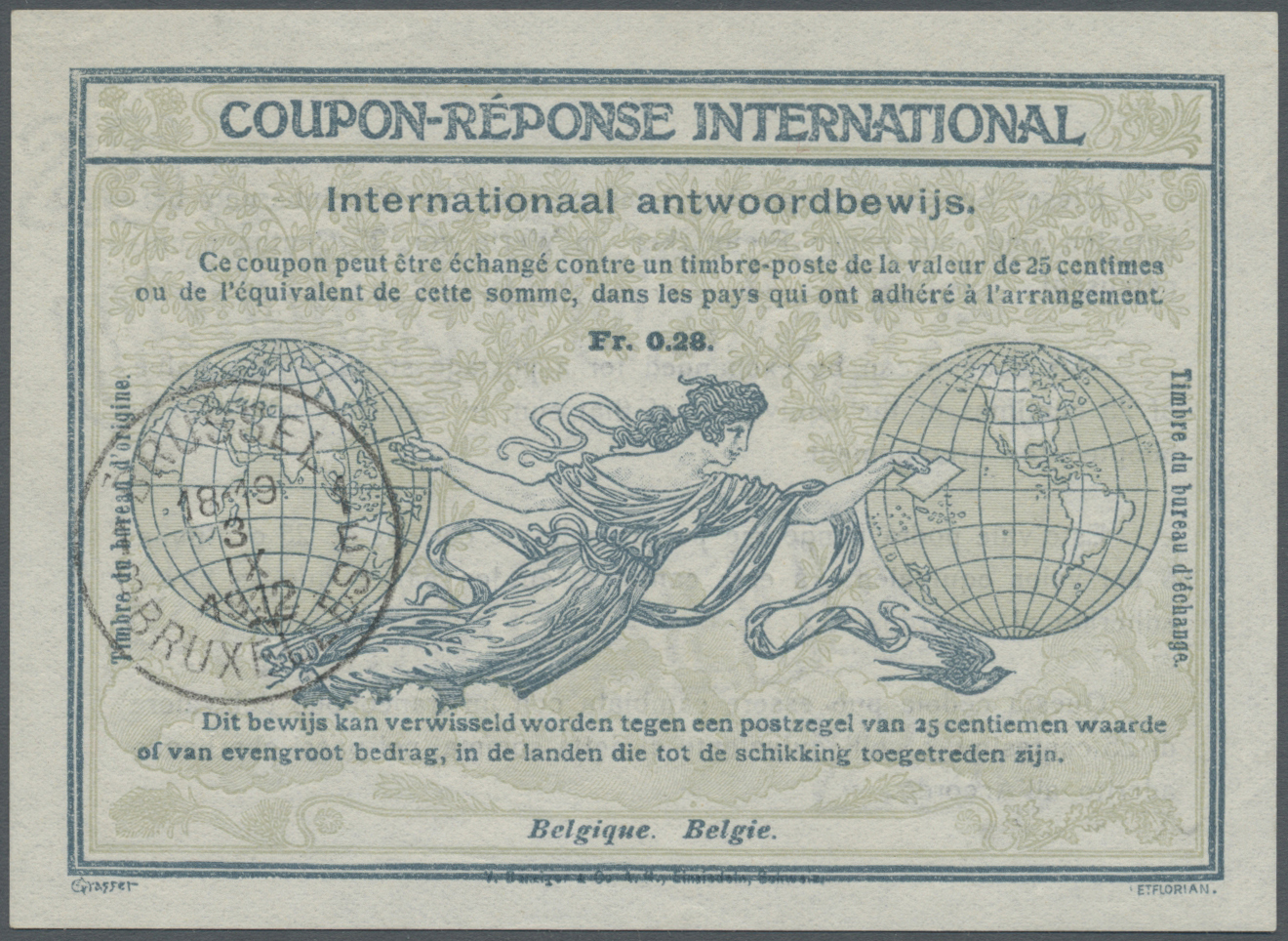 GA Belgien - Ganzsachen: 1912, International Reply Coupon, 0,28 Francs, With Bilingual Dater BRUSSEL / BRUXELLES, - Other & Unclassified