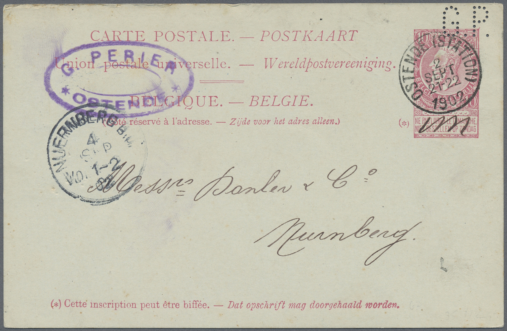GA Belgien - Ganzsachen: 1902, 10 C Carmine Psc With Perfin "G.P." From G.Perier In Ostende With Cds OSTENDE (STA - Other & Unclassified