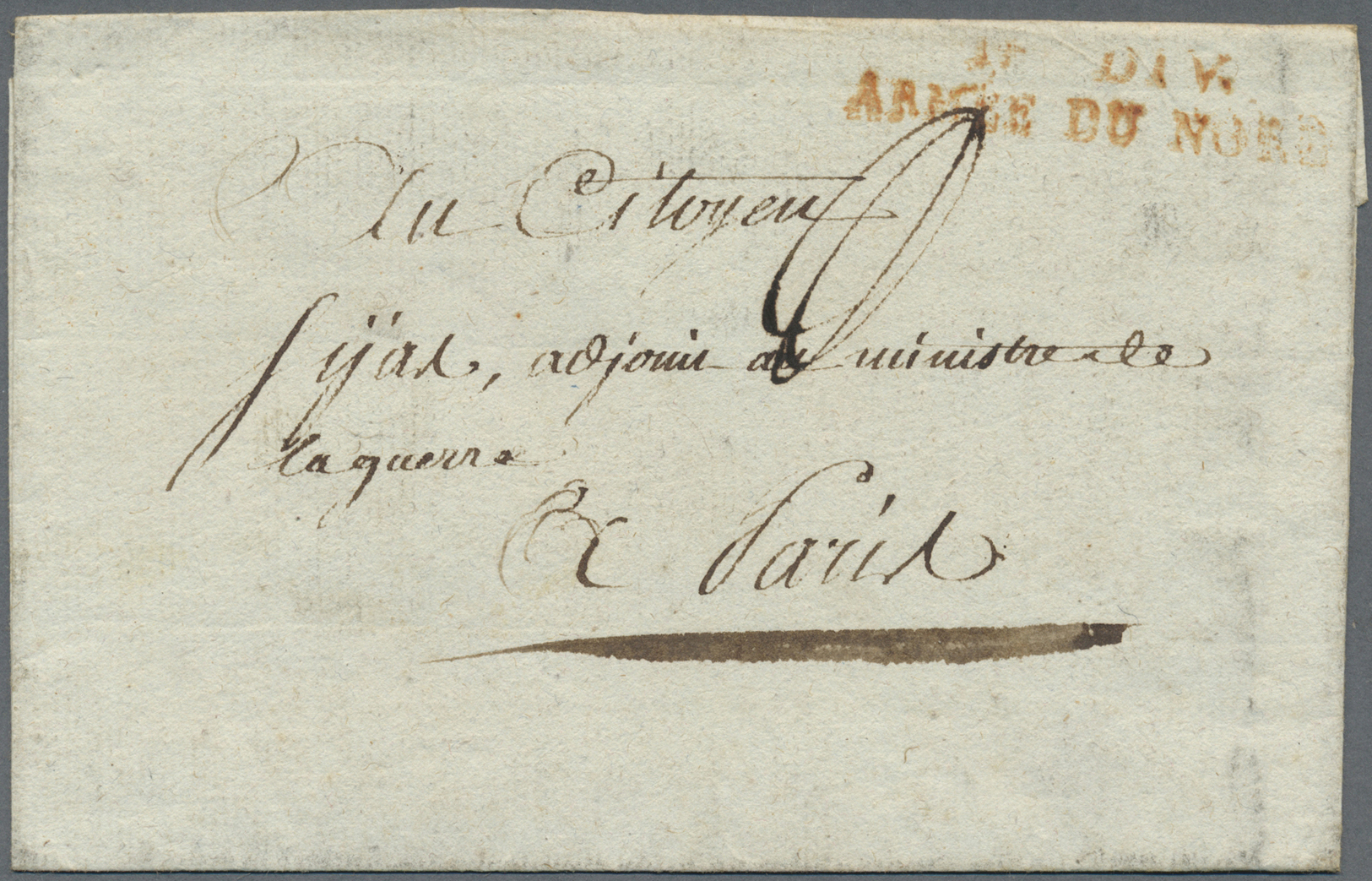 Br Belgien - Französische Armeepost: 1794, "1 RE DIV. ARMÉE DU NORD", Double Line In Red On Folded Cover To Paris - Autres & Non Classés