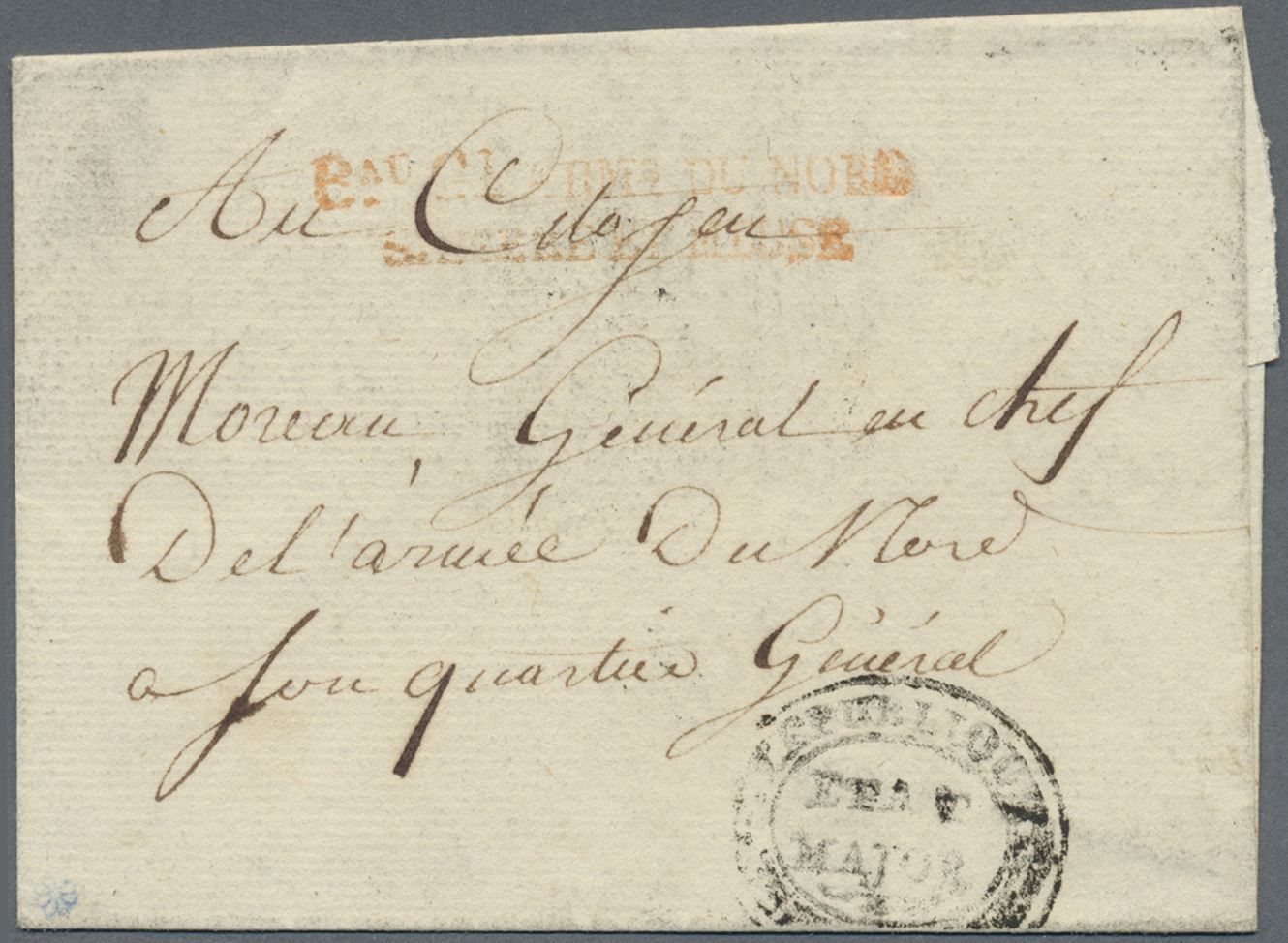 Br Belgien - Französische Armeepost: 1796, "B.AU.G.L. ARM.S. DU NORD SAMBRE ET MEUSE" (Brussel), Two Line In Red - Other & Unclassified