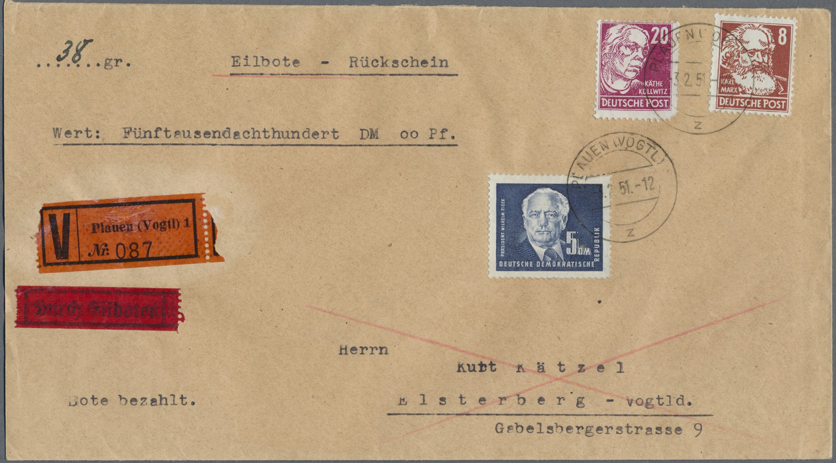 Br DDR: 1951, 5 DM Schwarzblau Pieck Sowie 8 Pf U. 20 Pf Köpfe, Exakt Portogerechte MiF Auf Wertbrief ( - Andere & Zonder Classificatie