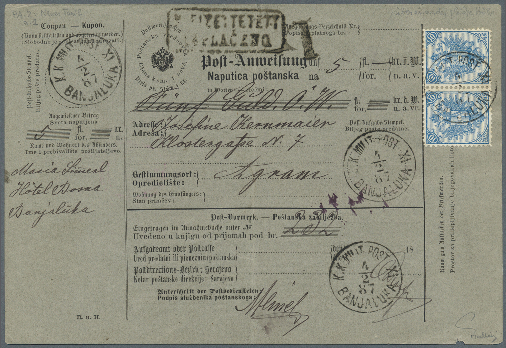 Br Bosnien Und Herzegowina: 1879, Postanweisung, Grauer Karton 180 : 125 Mm, In Deutsch Und Kroatisch (nach Handb - Bosnie-Herzegovine