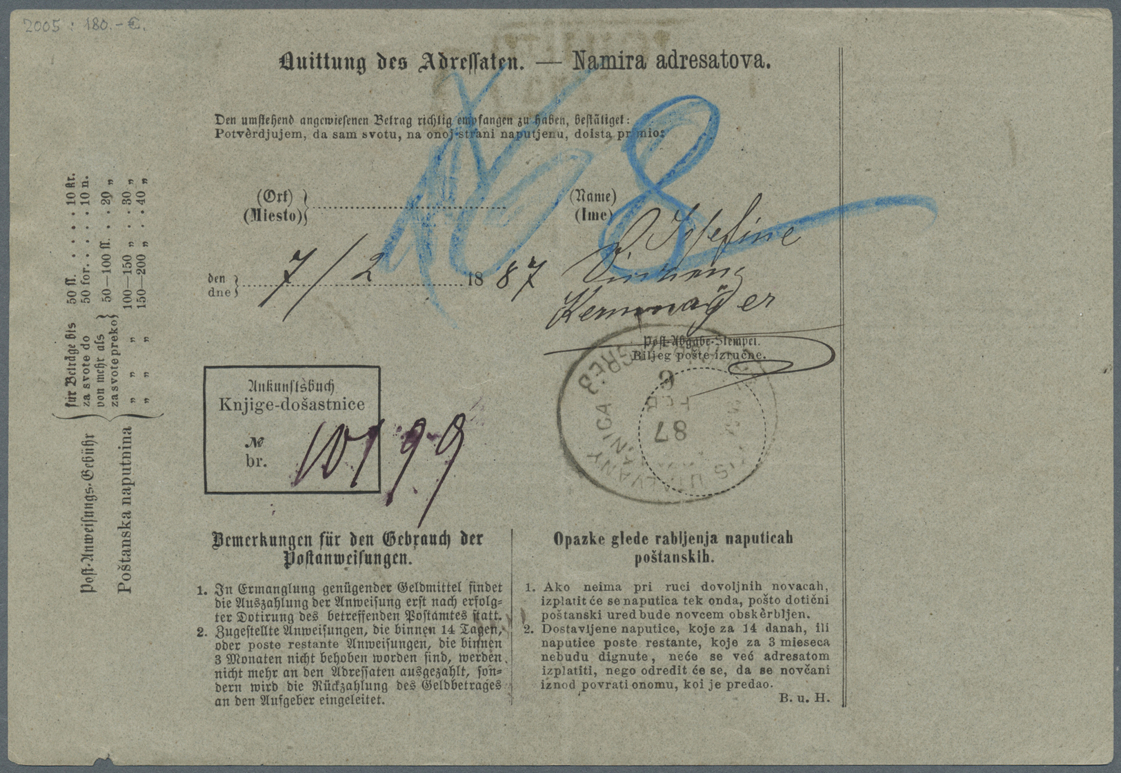 Br Bosnien Und Herzegowina: 1879, Postanweisung, Grauer Karton 180 : 125 Mm, In Deutsch Und Kroatisch (nach Handb - Bosnia And Herzegovina