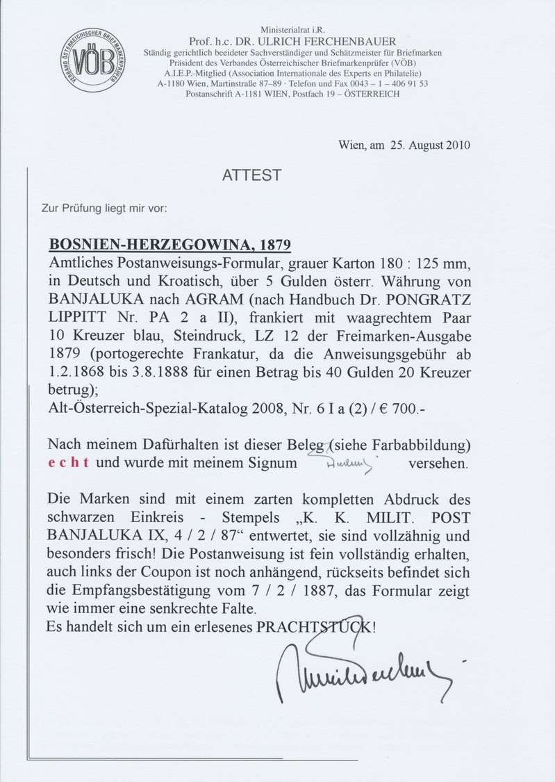 Br Bosnien Und Herzegowina: 1879, Postanweisung, Grauer Karton 180 : 125 Mm, In Deutsch Und Kroatisch (nach Handb - Bosnia And Herzegovina